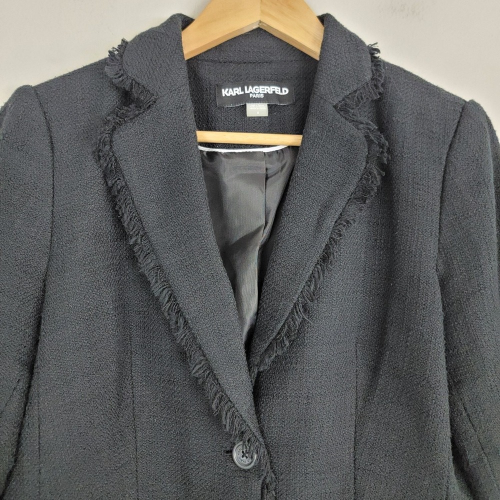 Karl Lagerfeld Blazer Womens 6‎ Black Fringe Tweed Single Breasted Long Sleeve - Picture 3 of 12